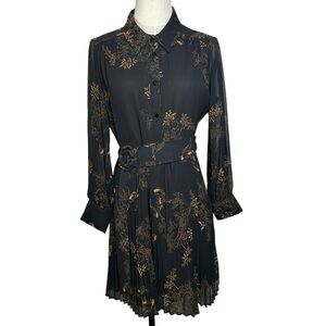 Zara Floral Chiffon Mini Dress Pleated Skirt Belt Drop Waist Medium Black Office